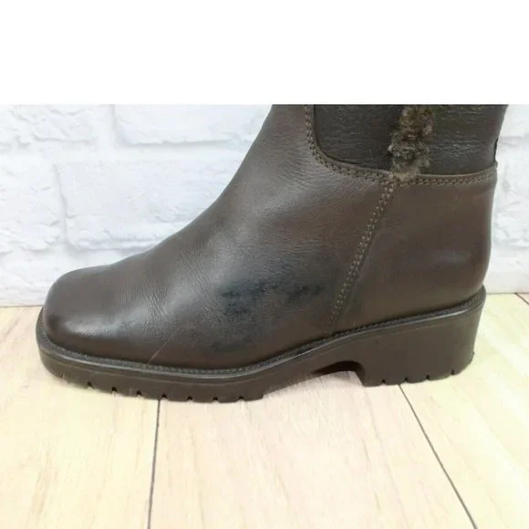 LL Bean Brown Leather Pull On Faux Fur Heeled Tall Boots Size 8 - Picture 10 of 11